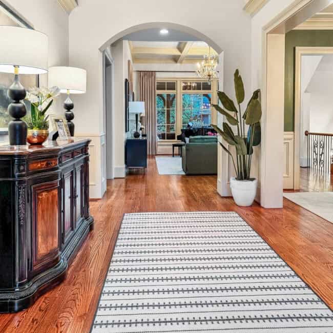 Bright entryway with wooden flooring and decorative accents.