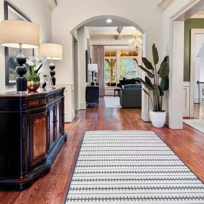 Beautiful entrance hall featuring traditional furniture and vibrant plants.