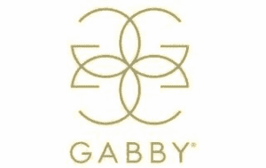 Close-up of GABBY logo with intertwining gold lines on white background.