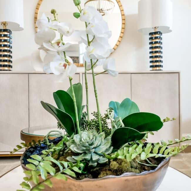 Decorative floral display featuring white orchids and succulents in a stylish bowl.