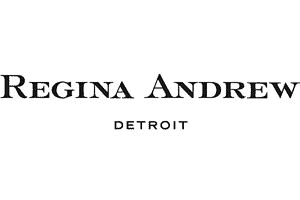 Close-up of the Regina Andrew Detroit logo, emphasizing elegant typography and brand identity.