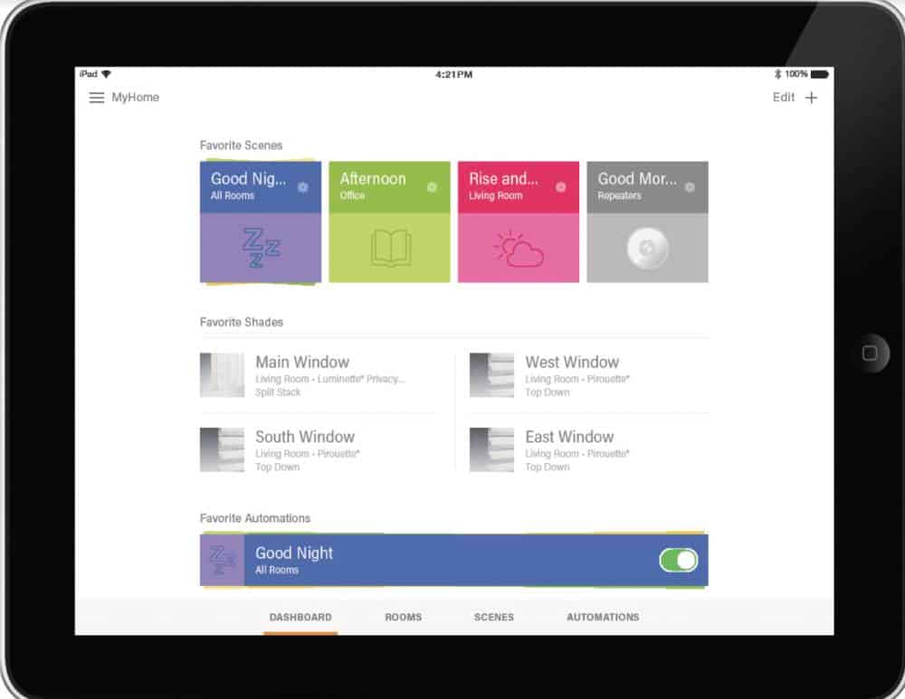 Customizable smart home lighting and automation interface on tablet.