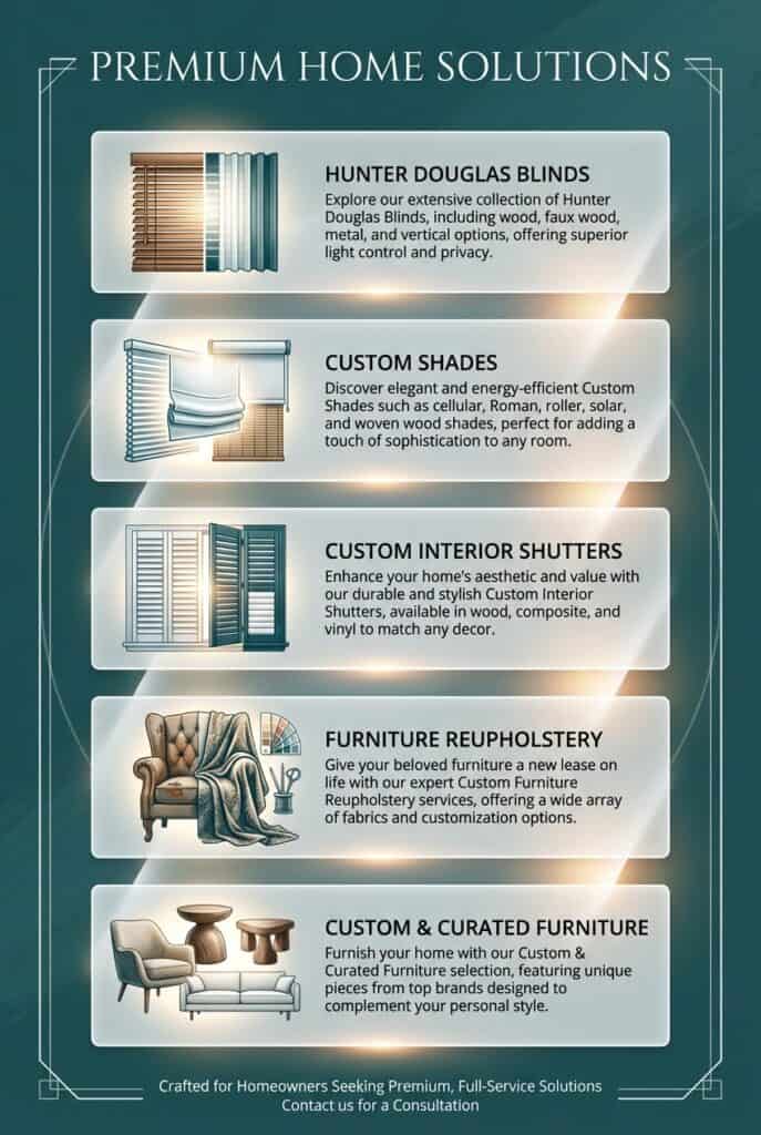 Custom blinds, shades, shutters, furniture, premium home upgrades. Enhance style, privacy, and light control.