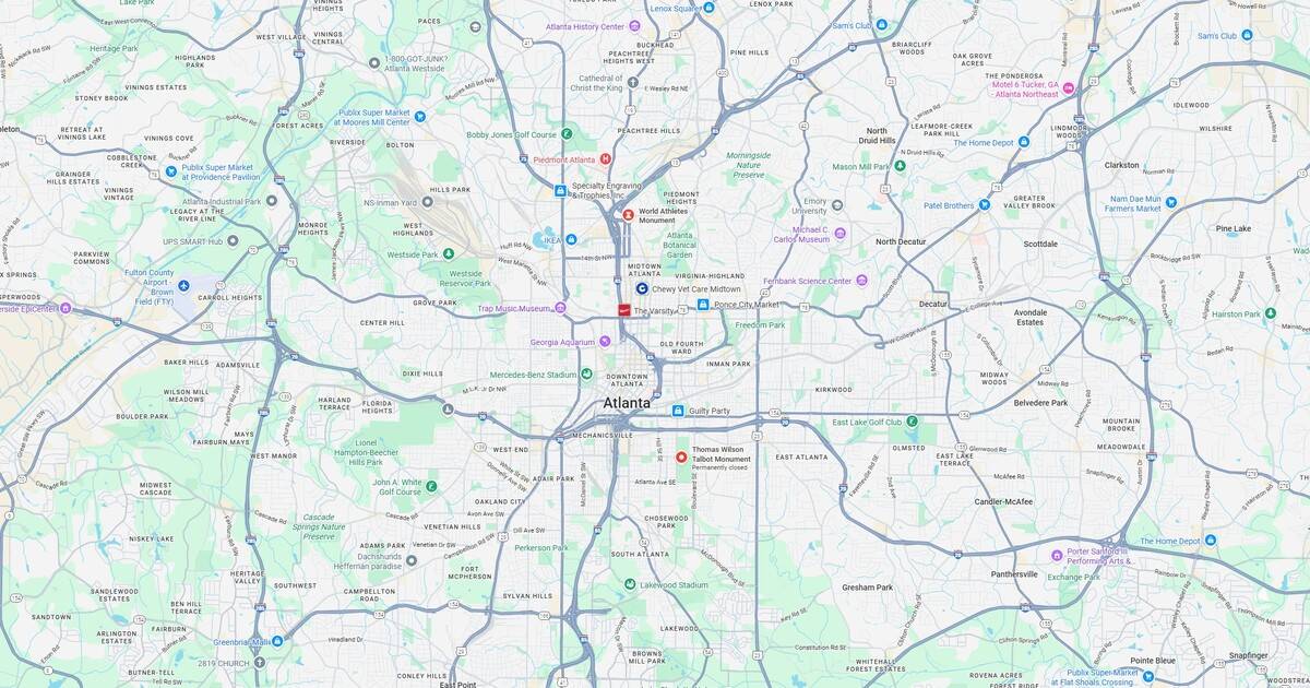 Detailed map of Atlanta showing neighborhoods, parks, and key landmarks.
