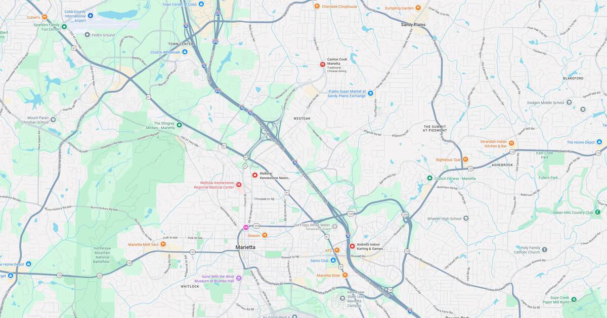 Map of Marietta, Georgia showing roads, parks, and transit lines for navigation and urban planning.