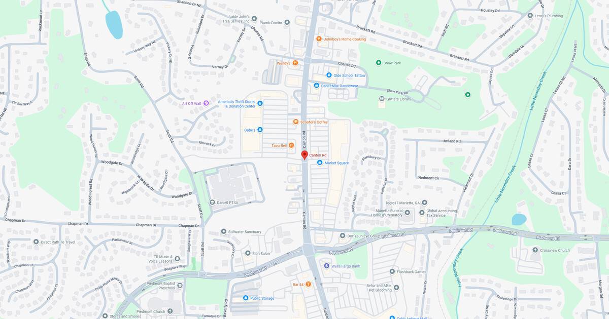 Map showing a detailed view of a residential area with streets, parks, and local landmarks.