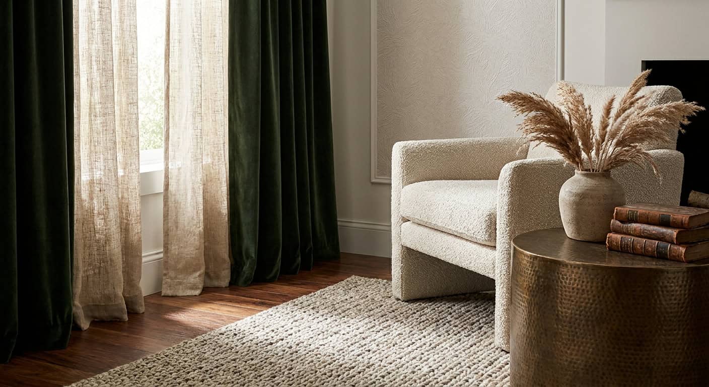 Cozy living room with beige armchair, large window with curtains, and decorative plants for a warm,.