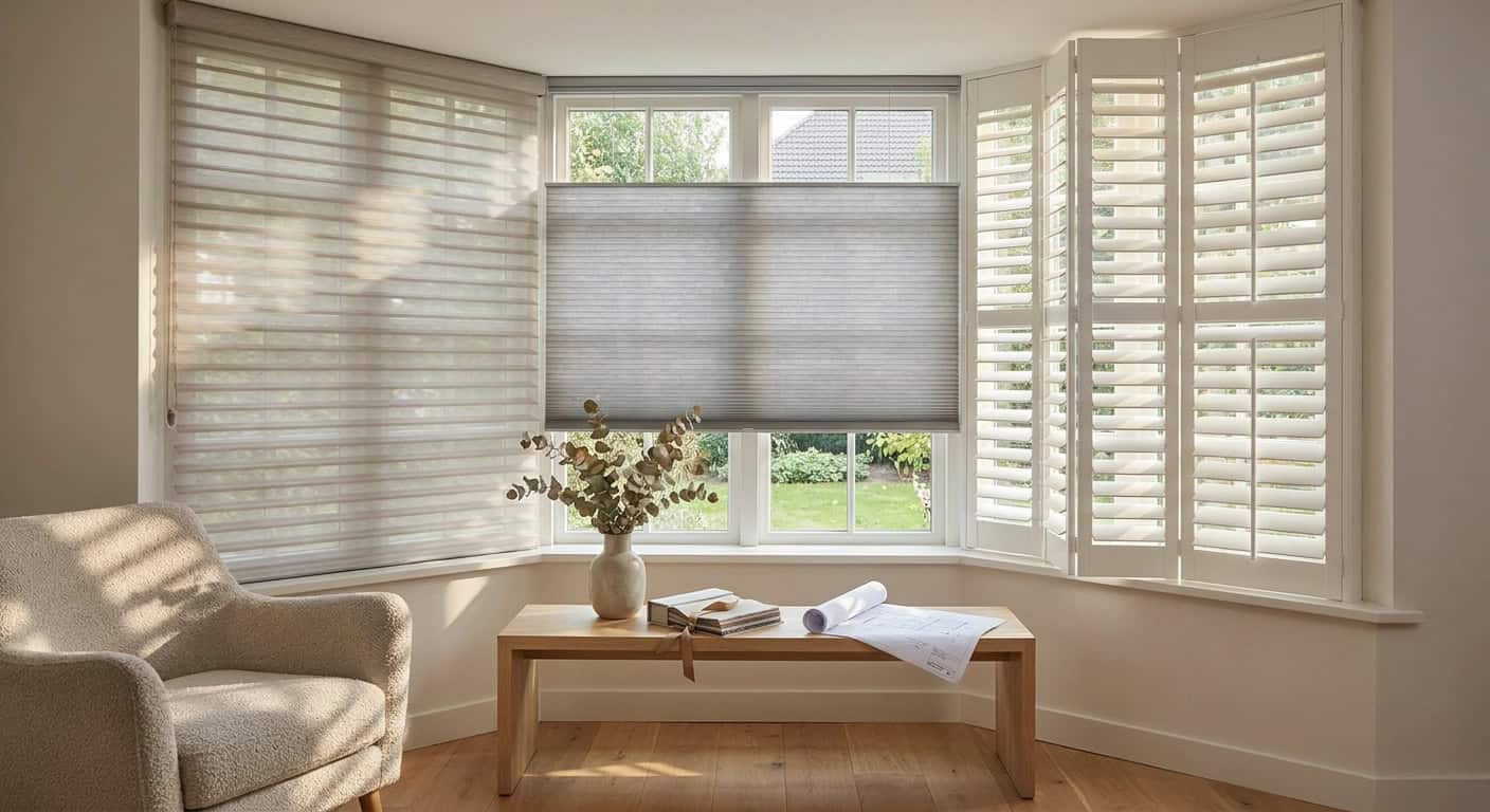 Sunlit living room with large windows and white shutters, cozy armchair, and a wooden table with a p.