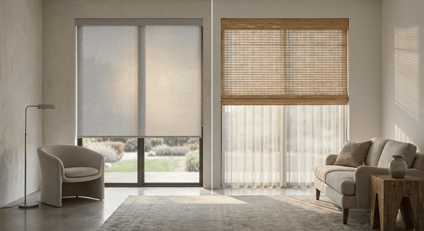 Bright living room with large windows, beige sofa, armchair, and wooden blinds.
