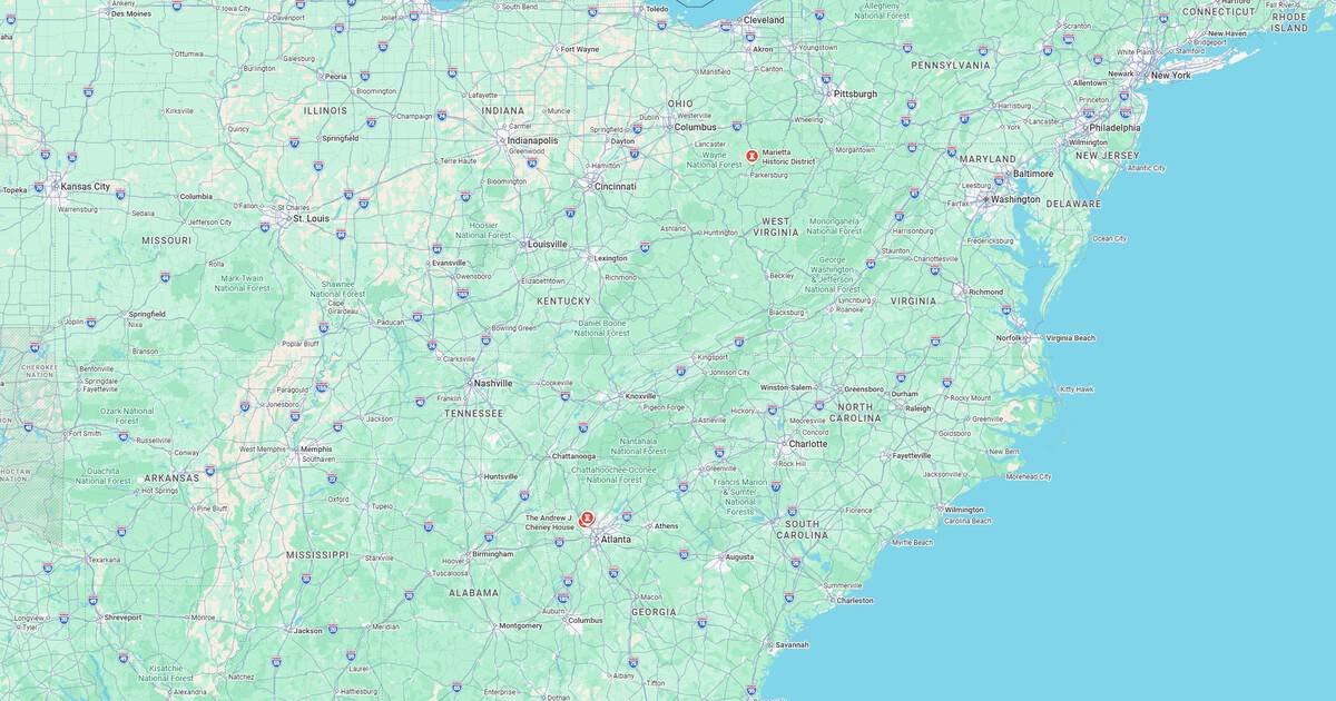 Map showing the southeastern US with state boundaries and major cities.