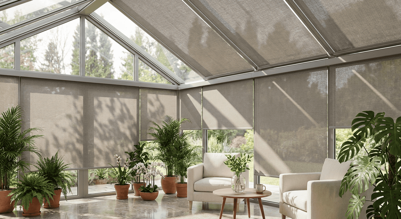 Sunlit conservatory with potted plants, white chairs, and large windows.