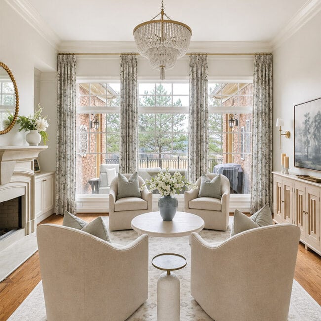 Bright living room with large windows, white furniture, and chandelier.