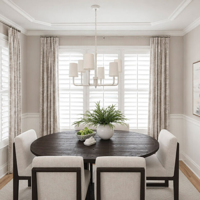 Bright dining room with round table, white chairs, and large windows.