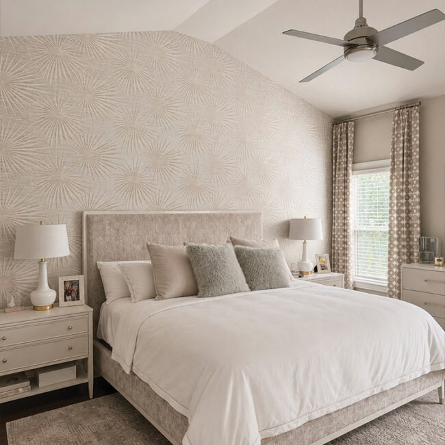 Modern bedroom with beige and white tones, cozy bed, and stylish decor.